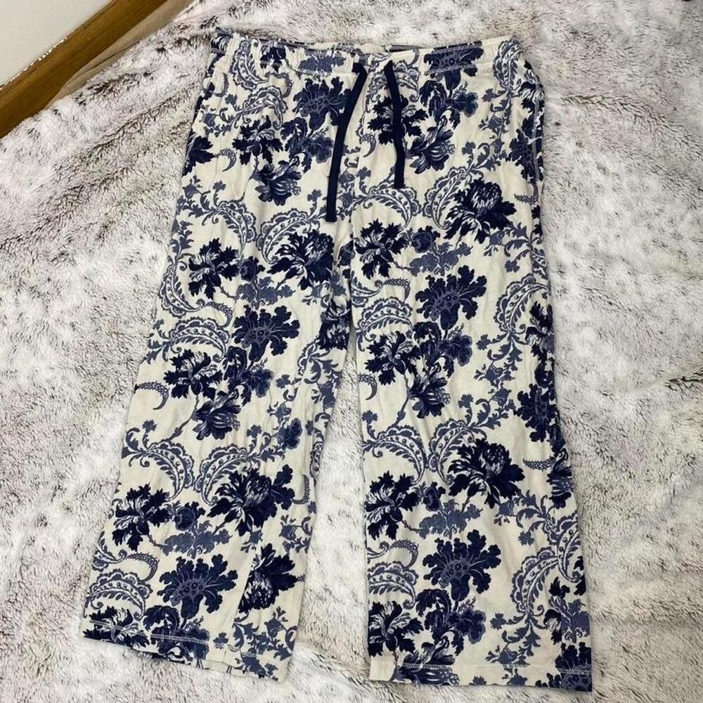 Boho wide leg capri trousers 100% cotton china print blue and white scrollwork